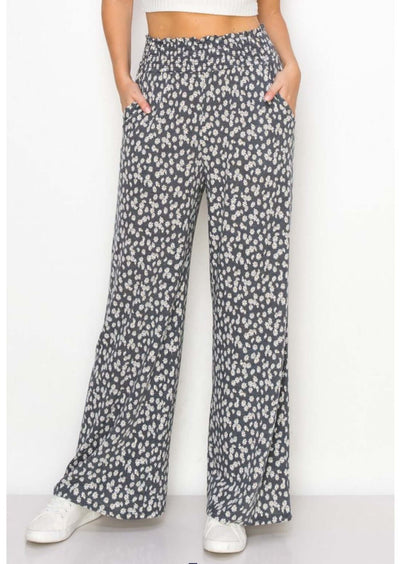 USA Made Ladies Smocked Waist Floral Relaxed Fit Super Soft Casual Pants in Grey or Rust with Off White Floral Pattern | Made in America Women's Boutique
