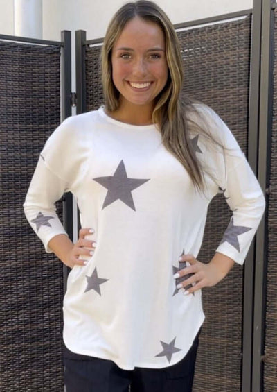 Made in USA Ladies Ultra Lightweight Loose Knit Off White Super Soft Lounge Top with Navy Star Print - So Cozy & Cute | Classy Cozy Cool Made in America Boutique