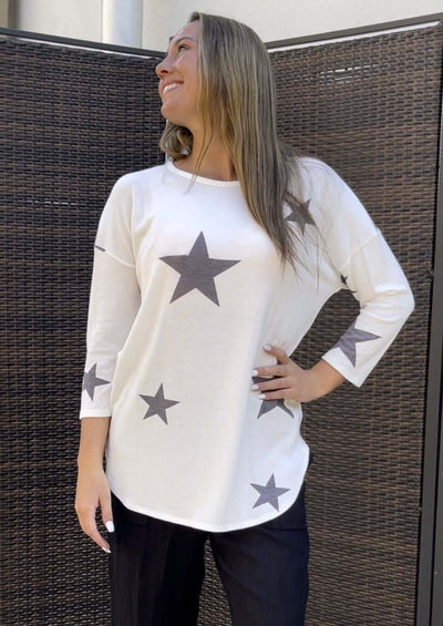 Made in USA Ladies Ultra Lightweight Loose Knit Off White Super Soft Lounge Top with Navy Star Print - So Cozy & Cute | Classy Cozy Cool Made in America Boutique