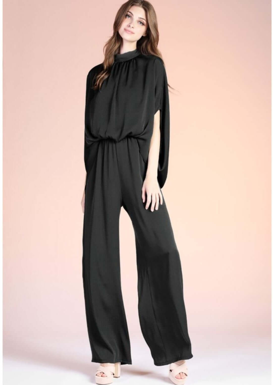 Ladies Black Elegant & Trendy Satin Finish Dressy Jumpsuit Proudly Made in USA | Tyche Style JP-7707 | Women's Made in America Clothing Boutique