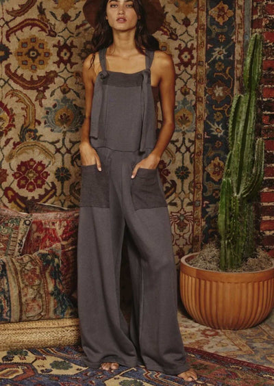Charcoal Gray Bucket List Style# R5076 Ladies French Terry Casual Overall Slouchy Jumpsuit with Adjustable Straps  | Made in USA | Women's Made in America Boutique | Women's Made in America Boutique