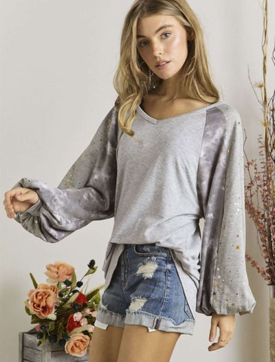 Ladies V-Neck Puff Sleeve Embellished Long Sleeve Gray Relaxed Fit Top with Metallic Star Detail on Sleeves | Made in USA