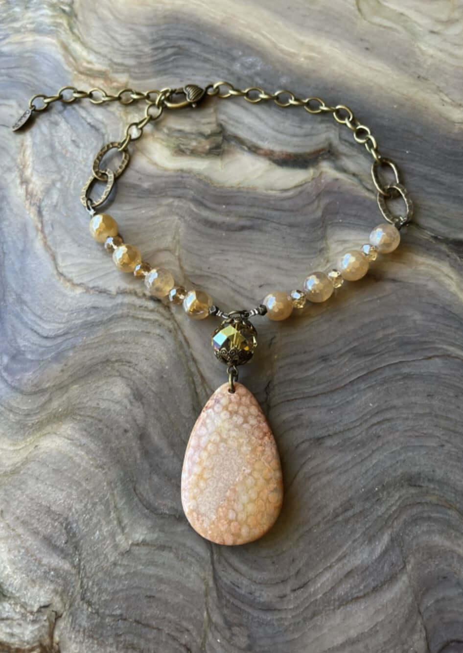 Ladies Coral Natural Stone Pendant Beaded Necklace. Handmade in USA, This beautiful piece has an adjustable heart clasp.