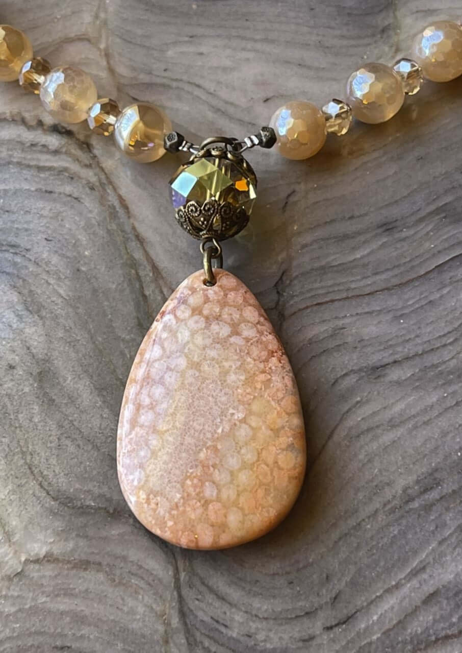 Ladies Coral Natural Stone Pendant Beaded Necklace. Handmade in USA, This beautiful piece has an adjustable heart clasp.