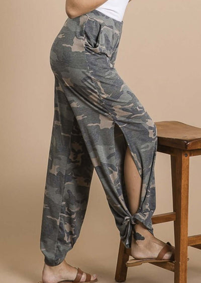 Ladies Camo Print Lightweight Tie Hem Pants with Pockets | Made in USA | Boho style casual pants | Classy Cozy Cool Women's Made in America Clothing Boutique