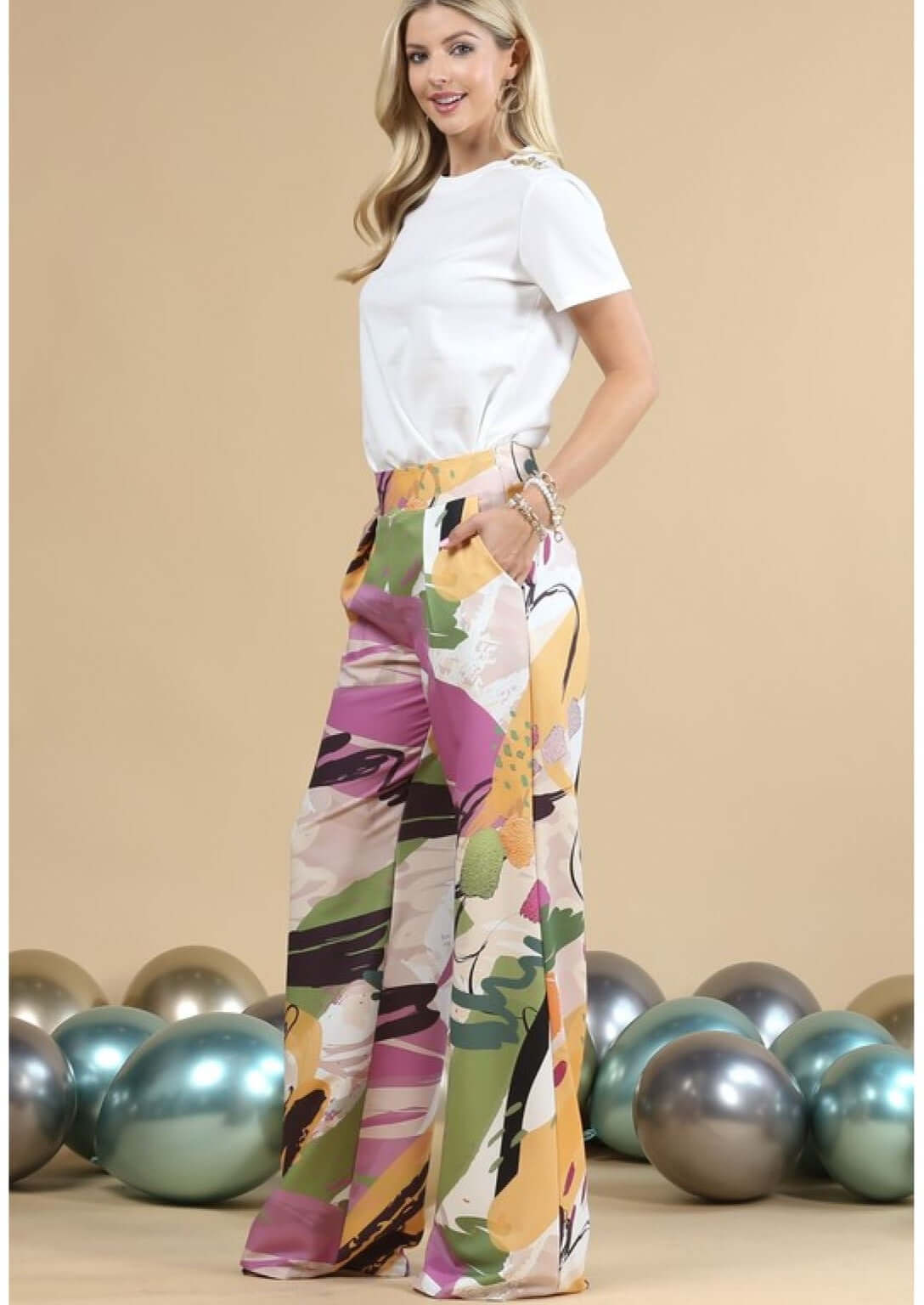 Made in USA Artistic Retro Printed High Waist Pleated Pants with Side Zipper | Classy Cozy Cool Women's Made in America Boutique