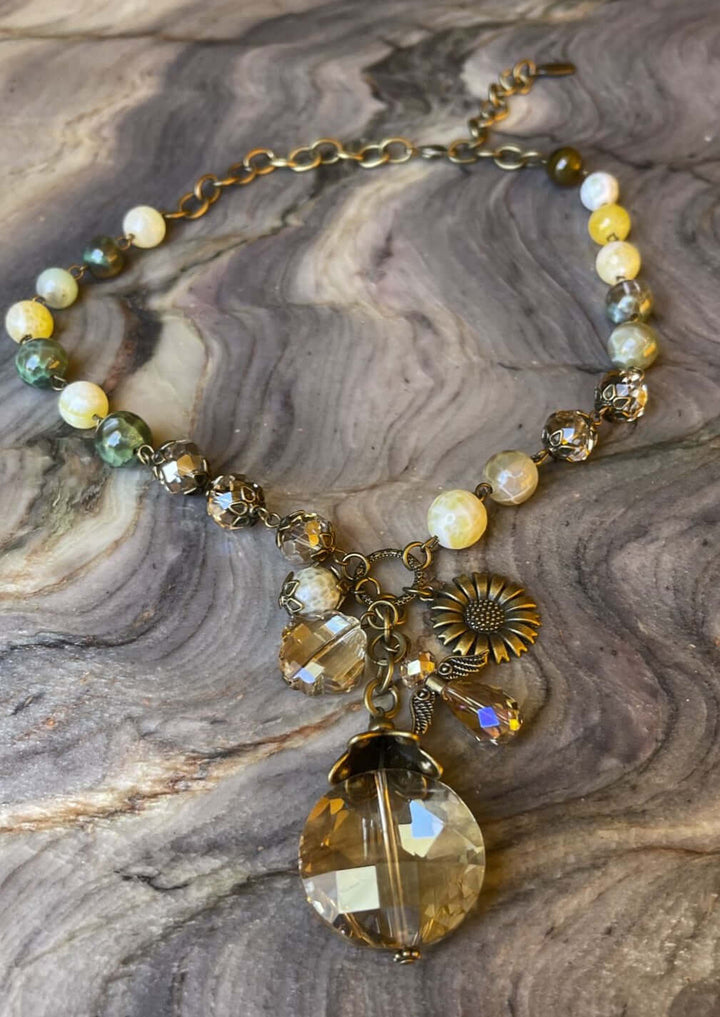 Ladies Sunflower Charm Natural Stone Pendant Beaded Necklace & Matching Bracelet. Handmade in USA, This beautiful piece has an adjustable clasp.