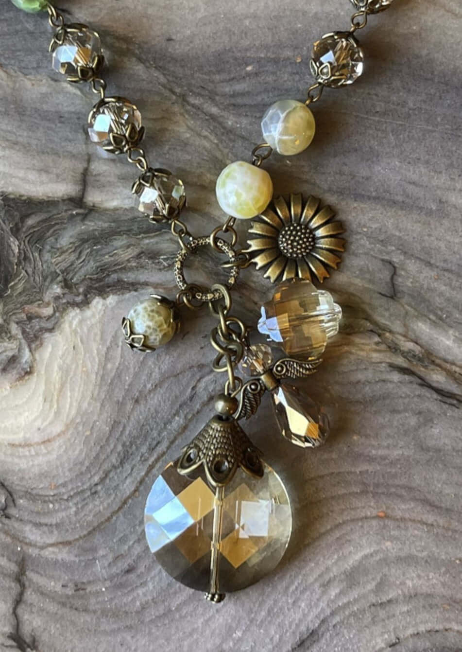 Natural Stone & Glass Charm Necklace with Sunflower Charm