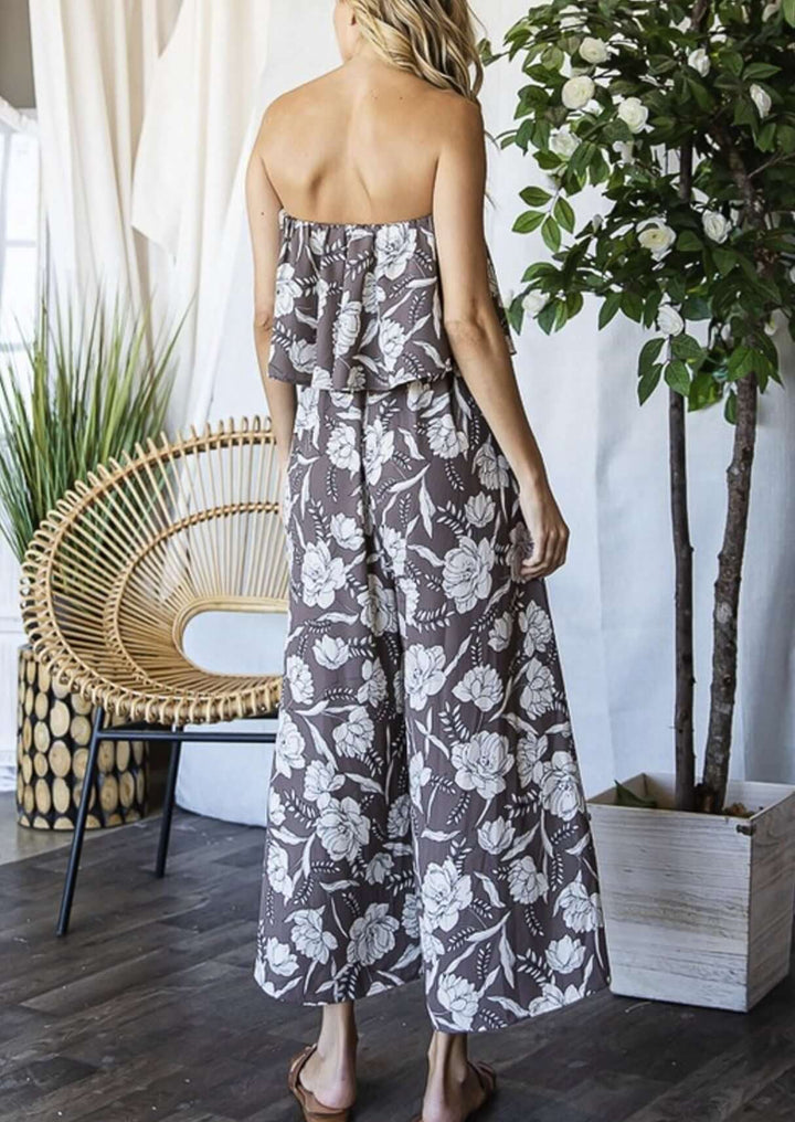 Bucket List Style# R5120 Ladies Ruffled Floral Tube Top Jumpsuit in Taupe & Ivory | Made in USA | Classy Cozy Cool Women's Made in America Boutique