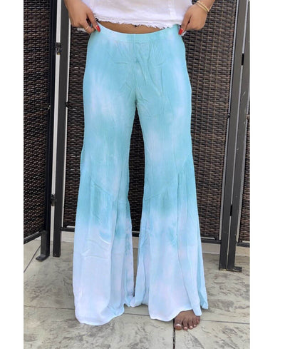 USA Made Ladies Turquoise & White Rayon Gauze Relaxed Fit Tie Dye Wide Leg Palazzo Pants with Flounce Hem | Classy Cozy Cool Women's American Boutique