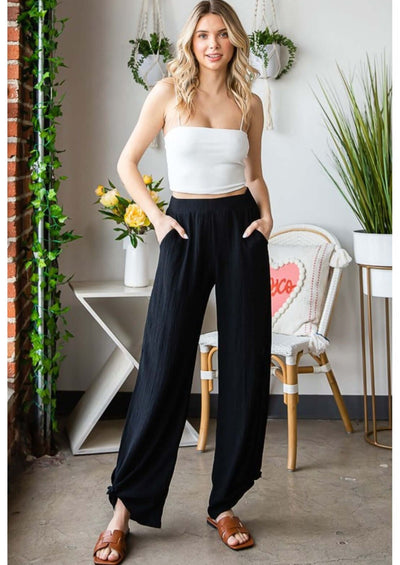 Lady's Crinkle Texture Tie Hem Pants with Pockets in Black | Made in USA | Boho style casual pants | Classy Cozy Cool Women's Made in America Clothing Boutique