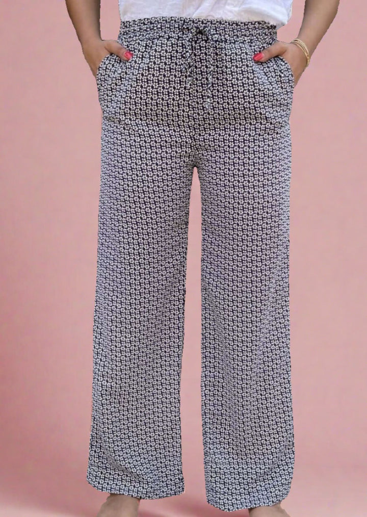 If She Loves Ladies Vintage Flower Pattern Relaxed Fit Pull-On Style Pants with Elastic Waist in Navy & White | Made in USA | Women's Made in America Boutique