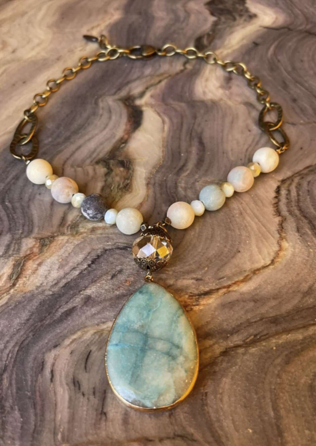 Ladies Turquoise Natural Stone Pendant Beaded Necklace. Handmade in USA, This beautiful piece has an adjustable heart clasp.