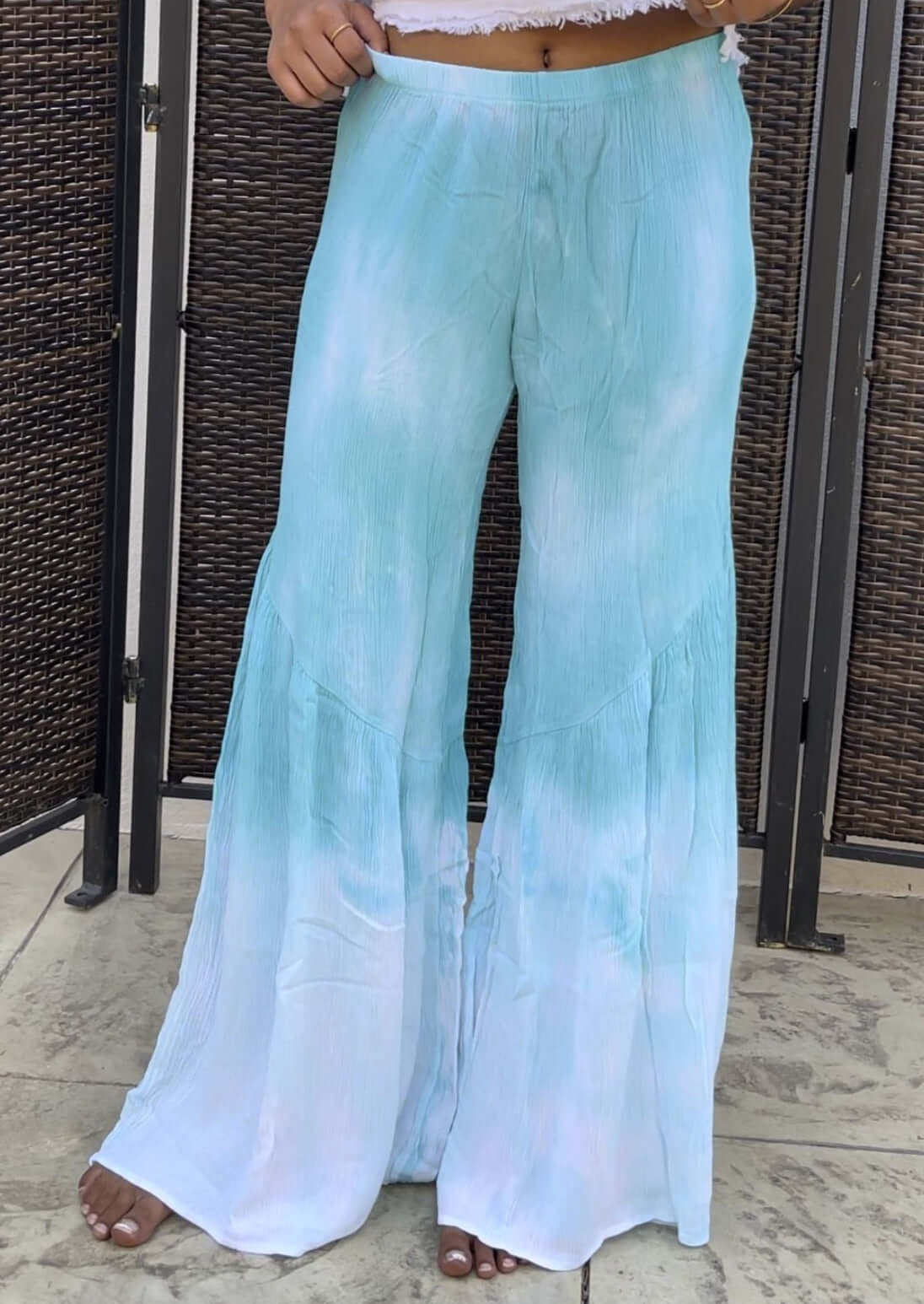 USA Made Ladies Turquoise & White Rayon Gauze Relaxed Fit Tie Dye Wide Leg Palazzo Pants with Flounce Hem | Classy Cozy Cool Women's American Boutique