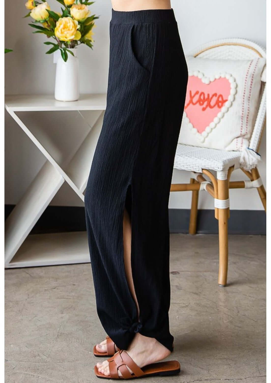 Lady's Crinkle Texture Tie Hem Pants with Pockets in Black | Made in USA | Boho style casual pants | Classy Cozy Cool Women's Made in America Clothing Boutique