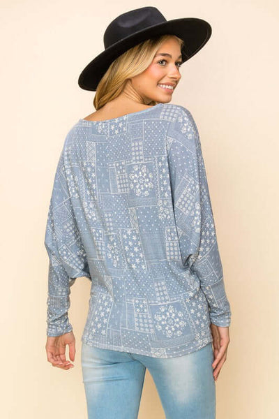 USA Made Ladies Patchwork Hacci Top in Blue with Long Dolman Sleeves | Classy Cozy Cool Women's American Made Clothing Boutique 