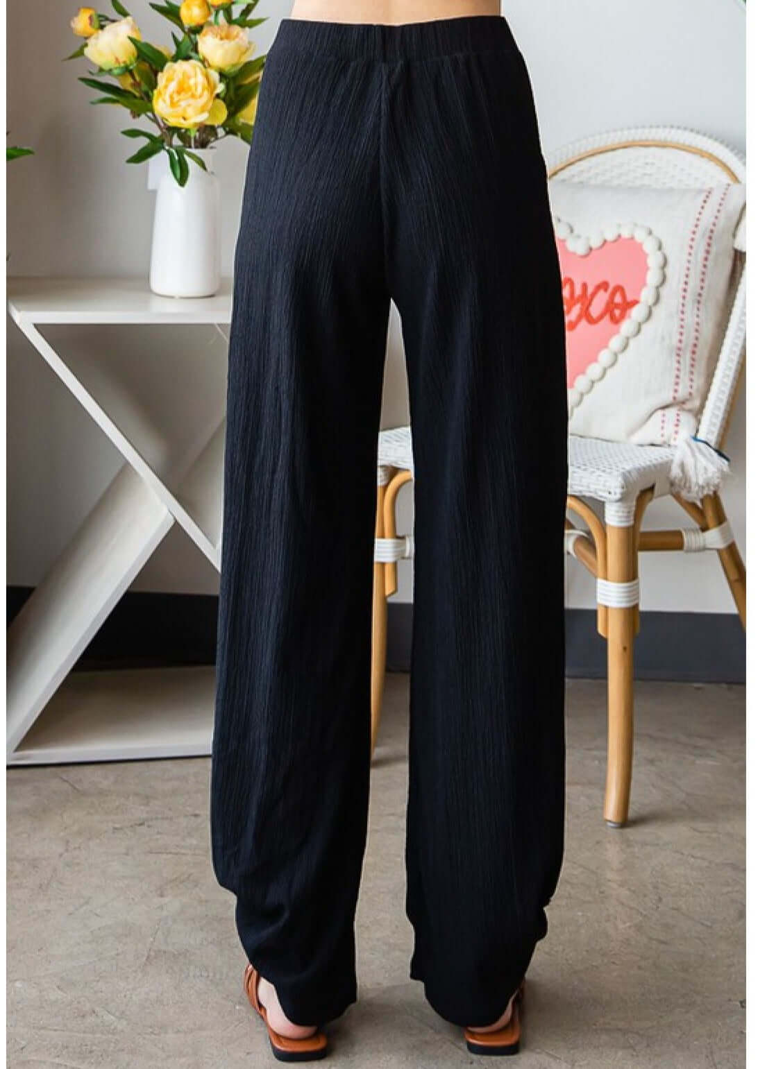 Lady's Crinkle Texture Tie Hem Pants with Pockets in Black | Made in USA | Boho style casual pants | Classy Cozy Cool Women's Made in America Clothing Boutique