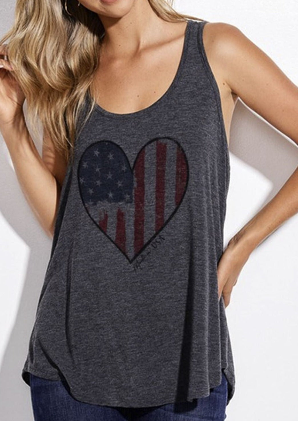 Phil Love Charcoal Gray Super Soft Made in USA American Flag Heart Graphic Tank Top | Made in USA | Classy Cozy Cool Women's American Clothing Boutique