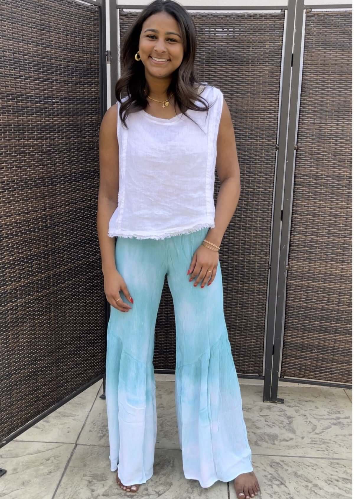 USA Made Ladies Turquoise & White Rayon Gauze Relaxed Fit Tie Dye Wide Leg Palazzo Pants with Flounce Hem | Classy Cozy Cool Women's American Boutique