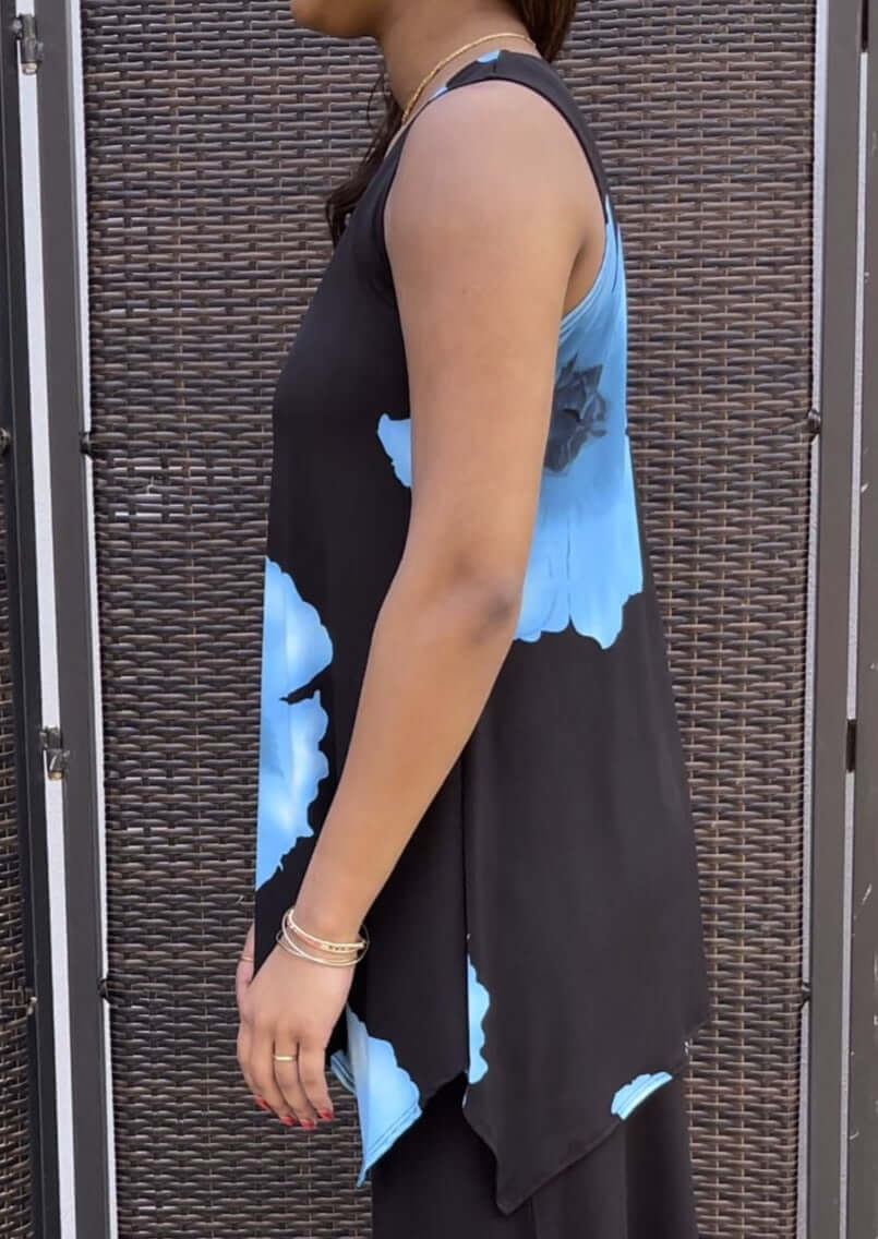 Made in USA  Ladies Sleeveless Ocean blue big floral print shark bite hem tunic jersey material | Classy Cozy Cool Women's Made in America Boutique