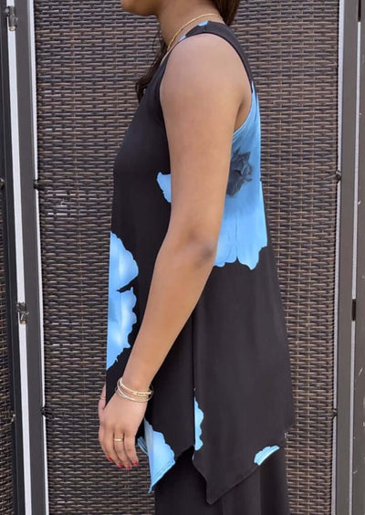 Made in USA  Ladies Sleeveless Ocean blue big floral print shark bite hem tunic jersey material | Classy Cozy Cool Women's Made in America Boutique