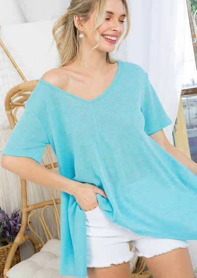 USA Made Ladies Turquoise Low Gauge V-Neck Flowy Summer Top with Asymmetrical Hem | Classy Cozy Cool Women's Made in America Boutique