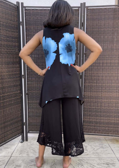 Made in USA Ladies Sleeveless aqua blue big floral print shark bite hem tunic jersey material | Classy Cozy Cool Women's Made in America Boutique
