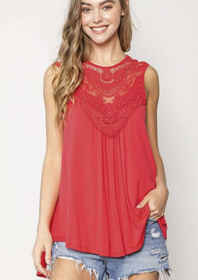 Tomato Red Embroidered Lace Neckline Ladies Dressy Sleeveless Soft & Flowy Summer Top | Made in USA | Classy Cozy Cool Made in America Boutique