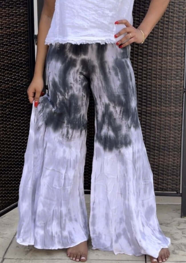 USA Made Ladies Black, Gray & White Rayon Gauze Relaxed Fit Tie Dye Wide Leg Palazzo Pants with Flounce Hem | Classy Cozy Cool Women's American Boutique