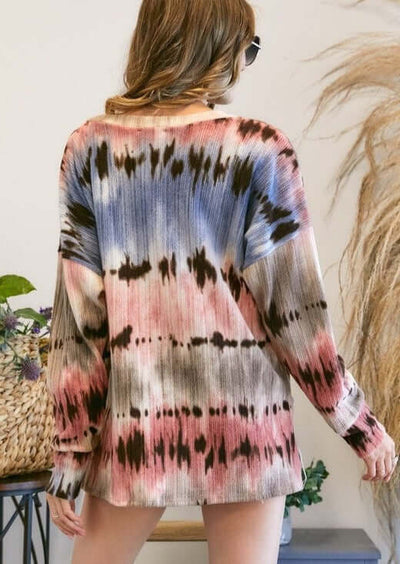 Ladies Adora Multi Color Tie Dye Print V-Neck Soft Top in Blue, Mauve, Tan & Brown | Made in USA | Classy Cozy Cool Women's Made in America Clothing