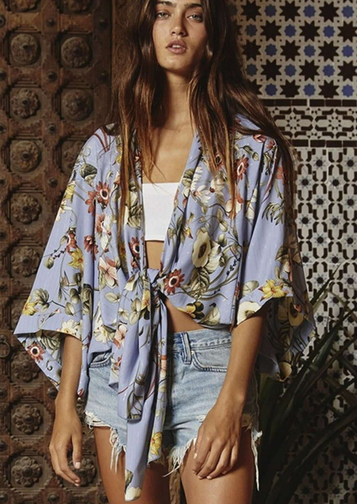 Bucket List Brand Indigo Blue with Floral Print Bohemian Inspired Tie Front Draped Silhouette Kimono  | Style # T1362 | Made in USA | Made in America Women's Boutique