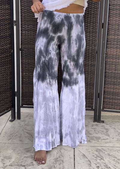 USA Made Ladies Black, Gray & White Rayon Gauze Relaxed Fit Tie Dye Wide Leg Palazzo Pants with Flounce Hem | Classy Cozy Cool Women's American Boutique