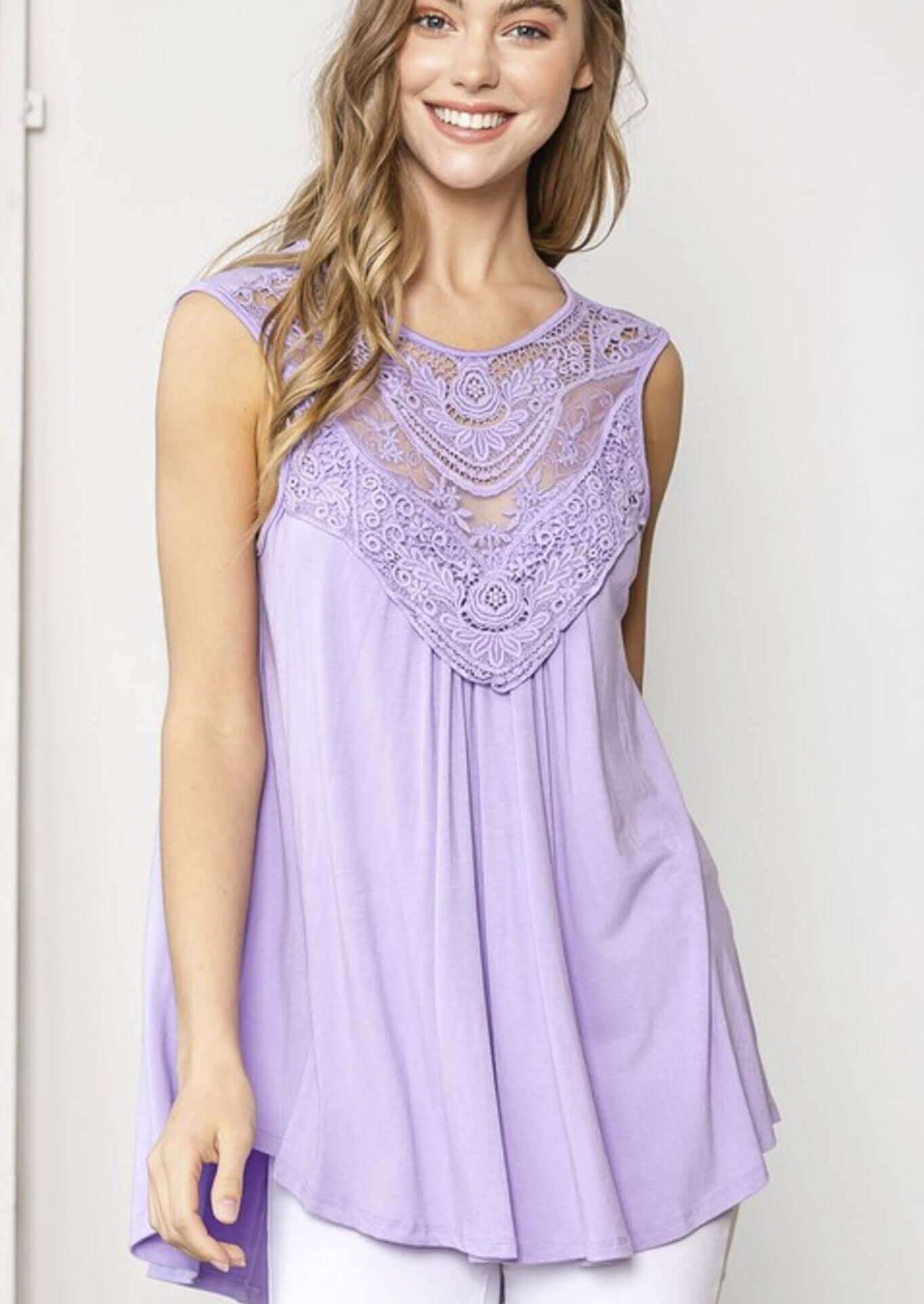 Lavender Embroidered Lace Neckline Ladies Dressy Sleeveless Soft & Flowy Summer Top | Made in USA | Classy Cozy Cool Made in America Boutique