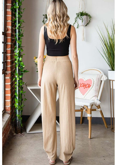 Lady's Crinkle Texture Tie Hem Pants with Pockets in Tan | Made in USA | Boho style casual pants | Classy Cozy Cool Women's Made in America Clothing Boutique