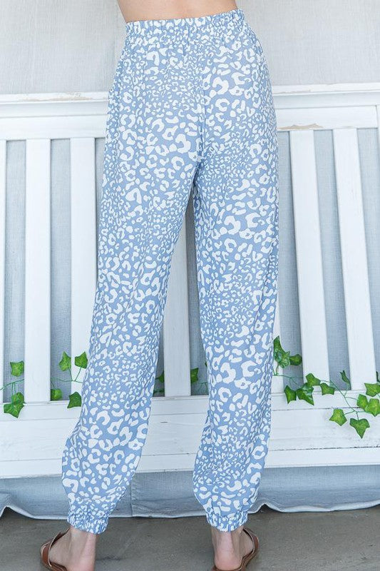 Bucket List Brand Clothing Style# P5074 | Light Weight Blue Leopard Jogger Style Casual Pants | Made in USA | Classy Cozy Cool Women's American Boutique
