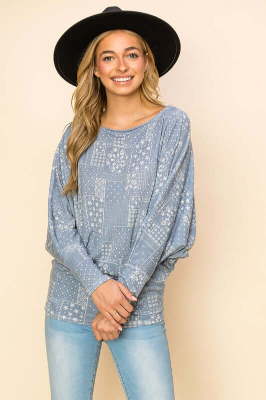 USA Made Ladies Patchwork Hacci Top in Blue with Long Dolman Sleeves | Classy Cozy Cool Women's American Made Clothing Boutique 