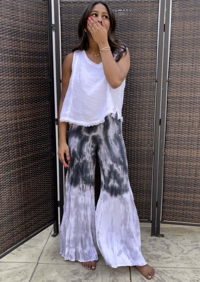 USA Made Ladies Black, Gray & White Rayon Gauze Relaxed Fit Tie Dye Wide Leg Palazzo Pants with Flounce Hem | Classy Cozy Cool Women's American Boutique