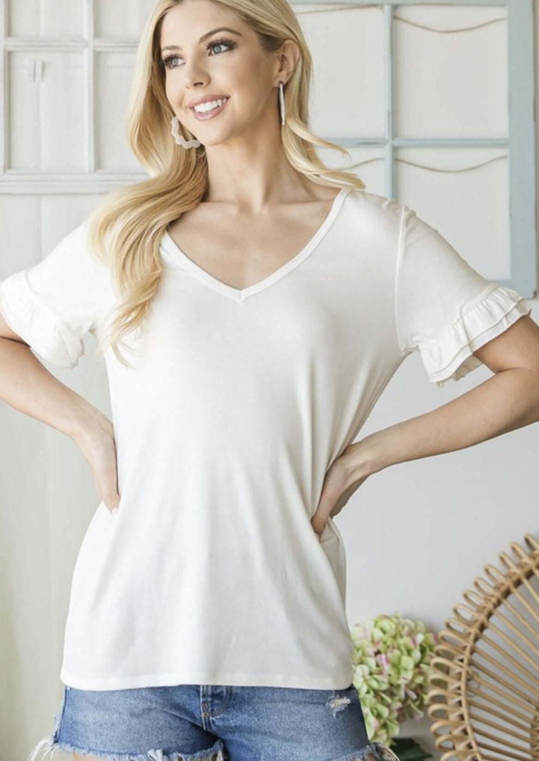 USA Made Ladies Basic Super Soft V-Neck Long Length Tee with Ruffle Hem in Ivory | Classy Cozy Cool Women's Made in America Boutique