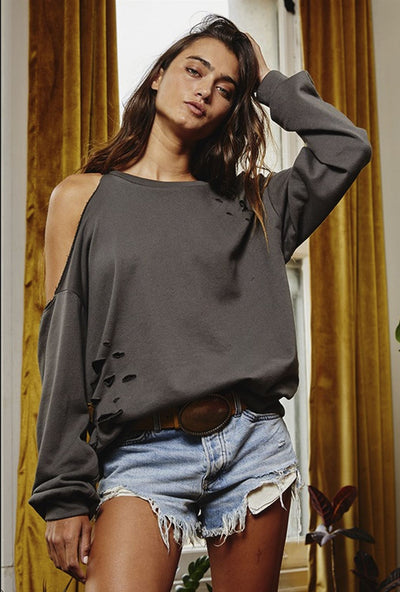 Bucket List Style# T1826 Ladies One Cold Shoulder Slash & Distressed Detail Cotton Sweatshirt in Black, White or Grey | Made in USA | Color: Gray