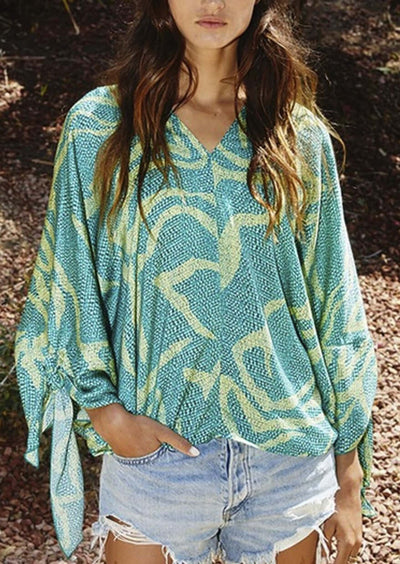 Bucket List Clothing Style T1825 | Ladies Abstract Printed V-Neck with Tie Sleeves | Made in USA | Women's Made in America Fashion | Color: Teal & Lime