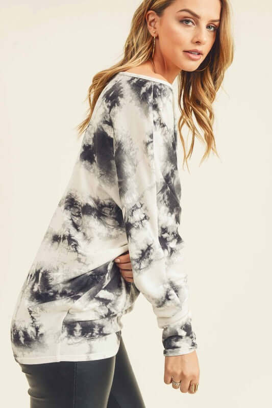 USA Made Ladies Black & White Tie Dye Hacci Top with Dolman Sleeves, Boat Neck, Hacci Design & Stretchy Material Lightweight | Made in USA