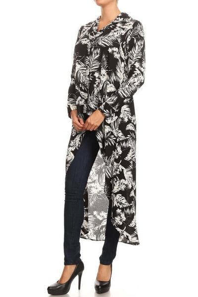 Ariella Ladies Long Sleeve Snap Button Down High Low shirt with Palm Leaf Design in Black & White | Made in USA | Classy Cozy Cool Women's Boutique