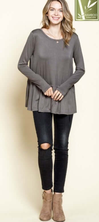 USA Made Ladies Super Soft Bamboo Long Sleeve Tunic Top with Tiered Ruffle Hem in Gray | Women's Made in America Boutique