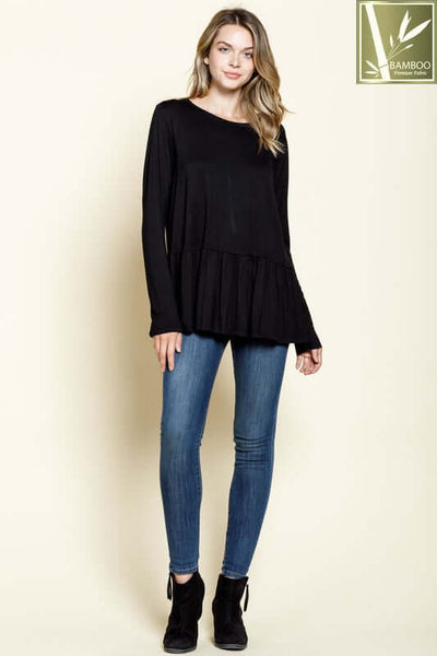 USA Made Ladies Super Soft Bamboo Long Sleeve Tunic Top with Tiered Ruffle Hem in Black | Women's Made in America Boutique