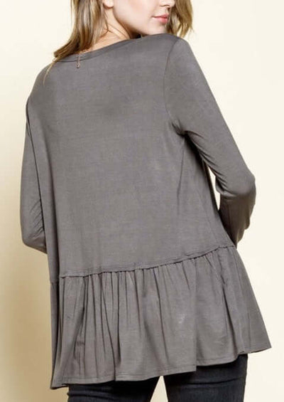 USA Made Ladies Super Soft Bamboo Long Sleeve Tunic Top with Tiered Ruffle Hem in Gray | Women's Made in America Boutique
