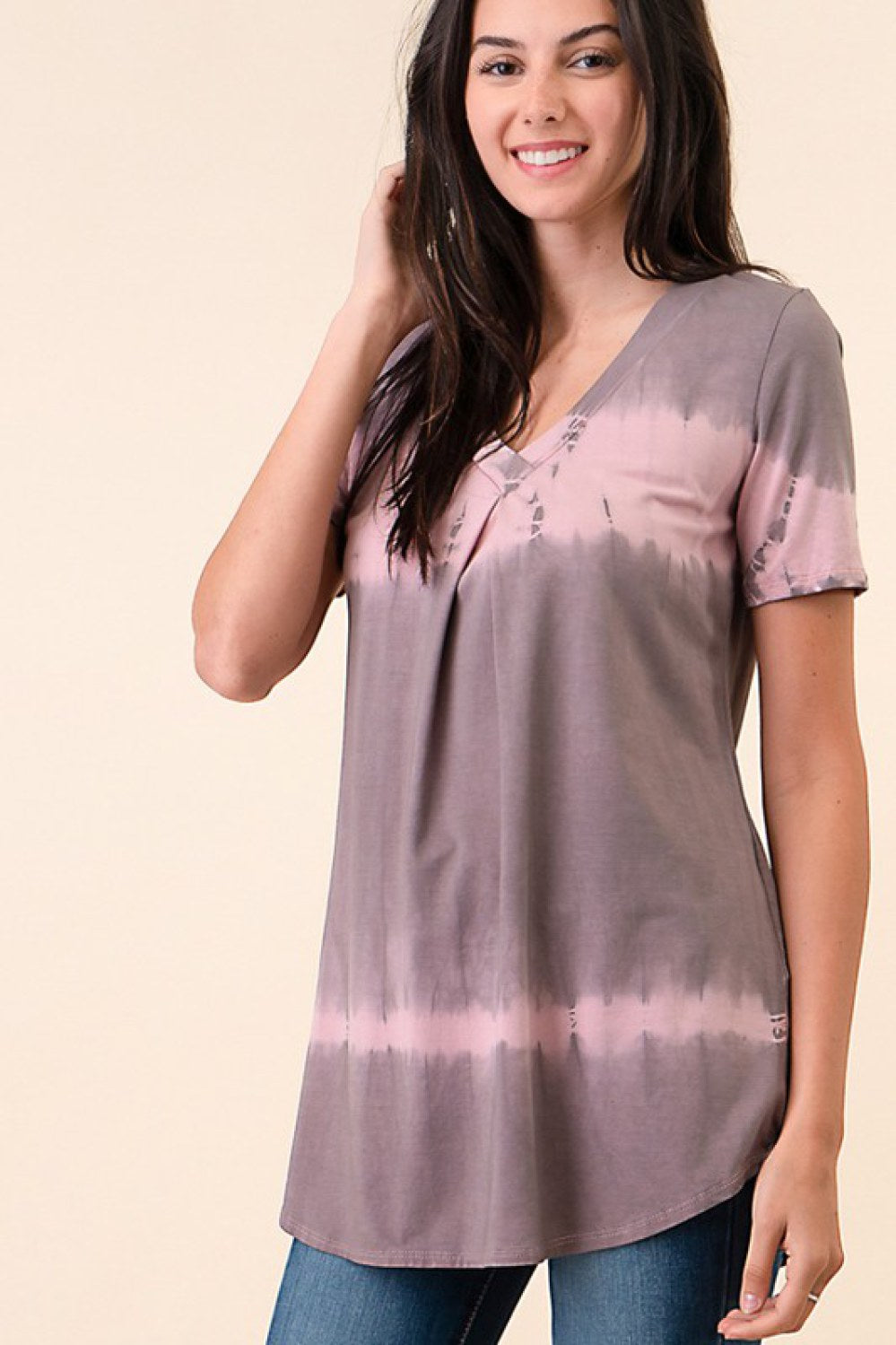 Pin Tuck Mauve V-Neck Tee - Clearance Final Sale