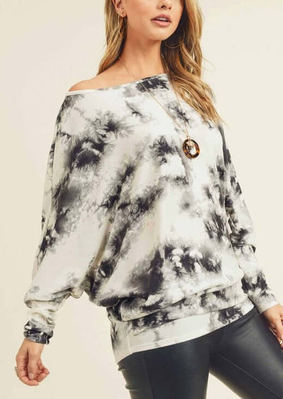 USA Made Ladies Black & White Tie Dye Hacci Top with Dolman Sleeves, Boat Neck, Hacci Design & Stretchy Material Lightweight | Made in USA