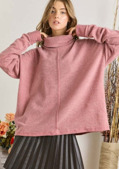 Adora Style MYT15347 Oversized Ladies Super Soft Mauve Turtleneck Sweater Top | Made in USA | Classy Cozy Cool American Made Women's Clothing