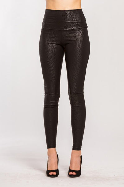 Snake Skin Embossed PU Vegan Faux Leather Black Leggings | Brand: Cherish | Proudly Made in the USA | Classy Cozy Cool Women's Clothing Boutique