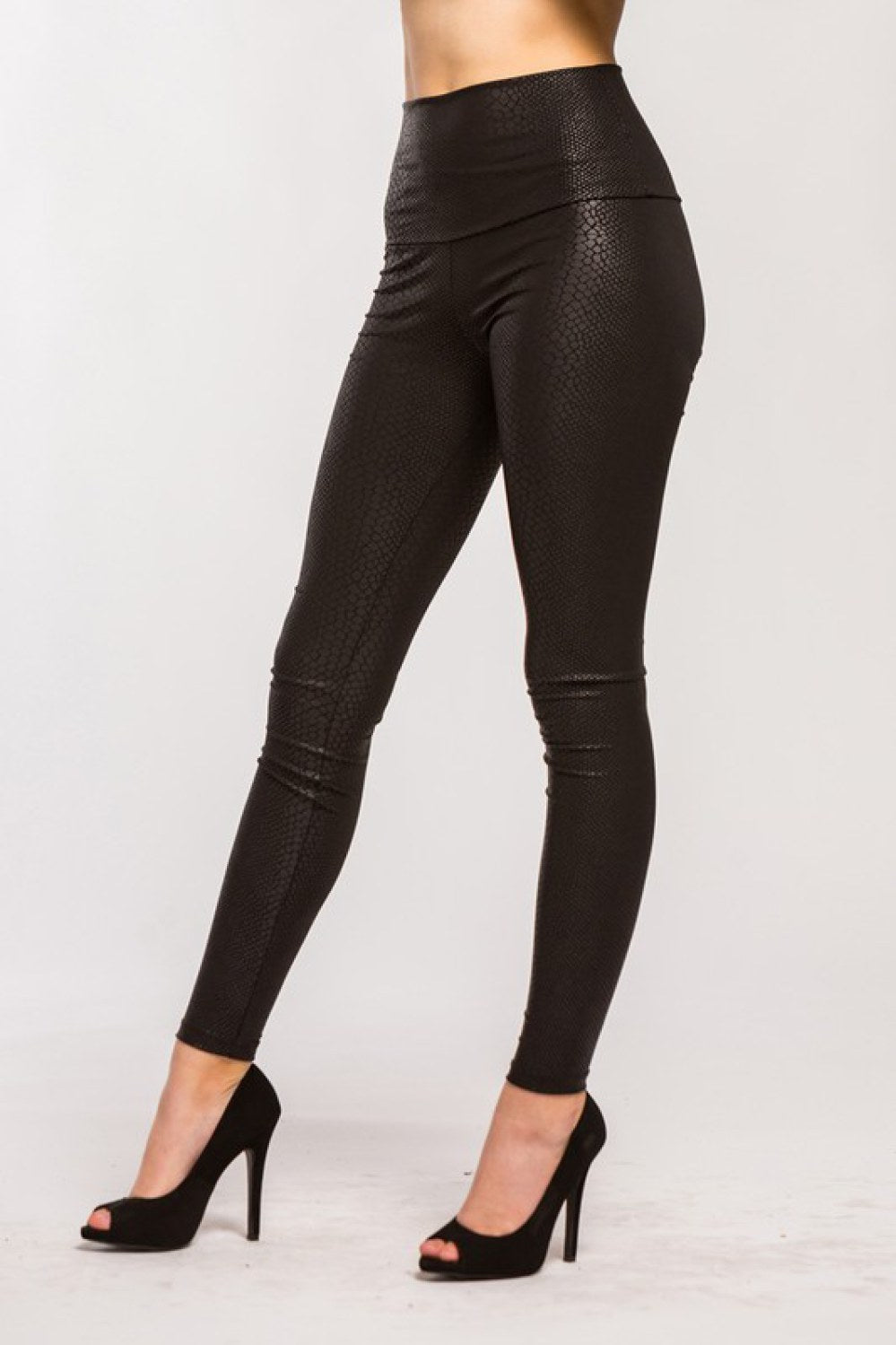 Snake Skin Embossed PU Vegan Faux Leather Black Leggings | Brand: Cherish | Proudly Made in the USA | Classy Cozy Cool Women's Clothing Boutique